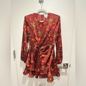 Cinq a Sept Reddush brown long sleeve floral dress with ruffles